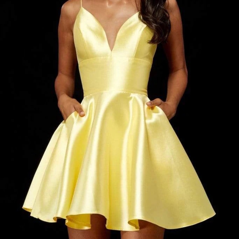 Sherri Hill - V Neck Spaghetti Straps A-Line Satin Short Dress 52379